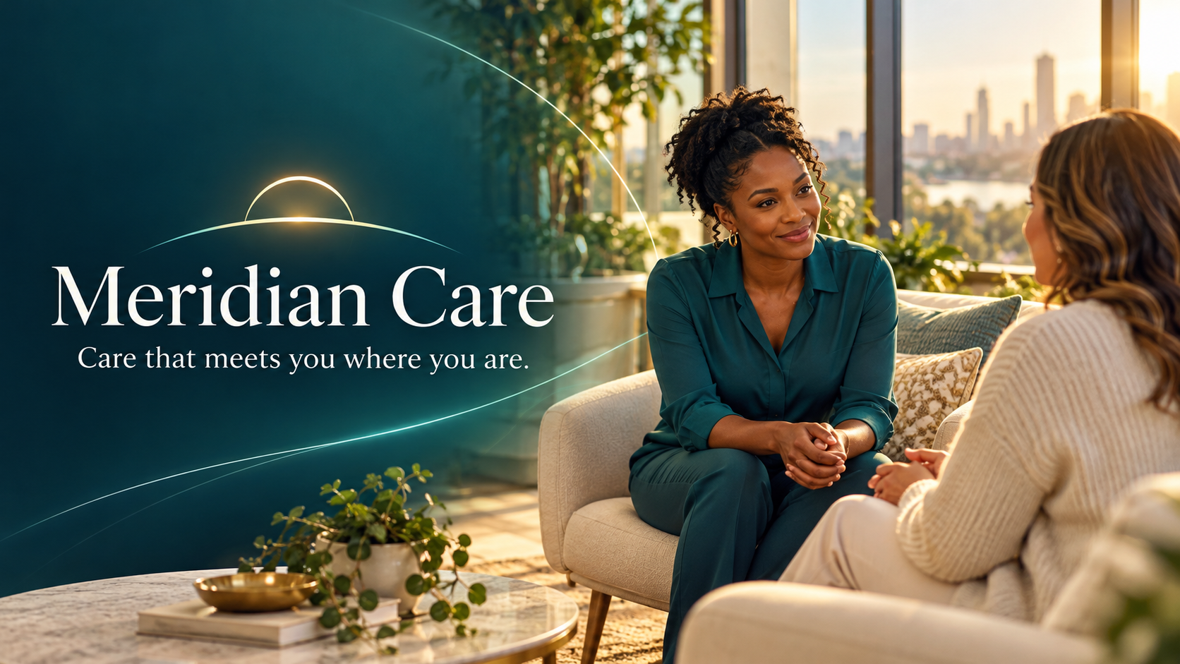 Meridian Care — care that meets you where you are. A clinician and client in conversation in a sunlit office.